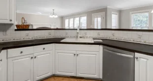 white cabinets with black countertops